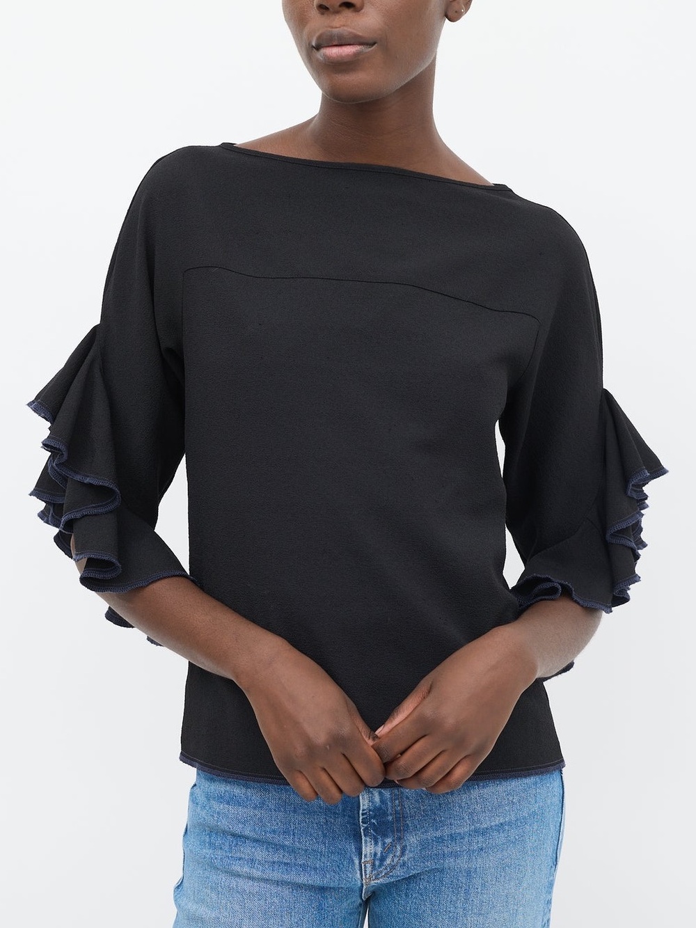 See By Chloé Black Waterfall Ruffle Sleeve Crepe Blouse Top